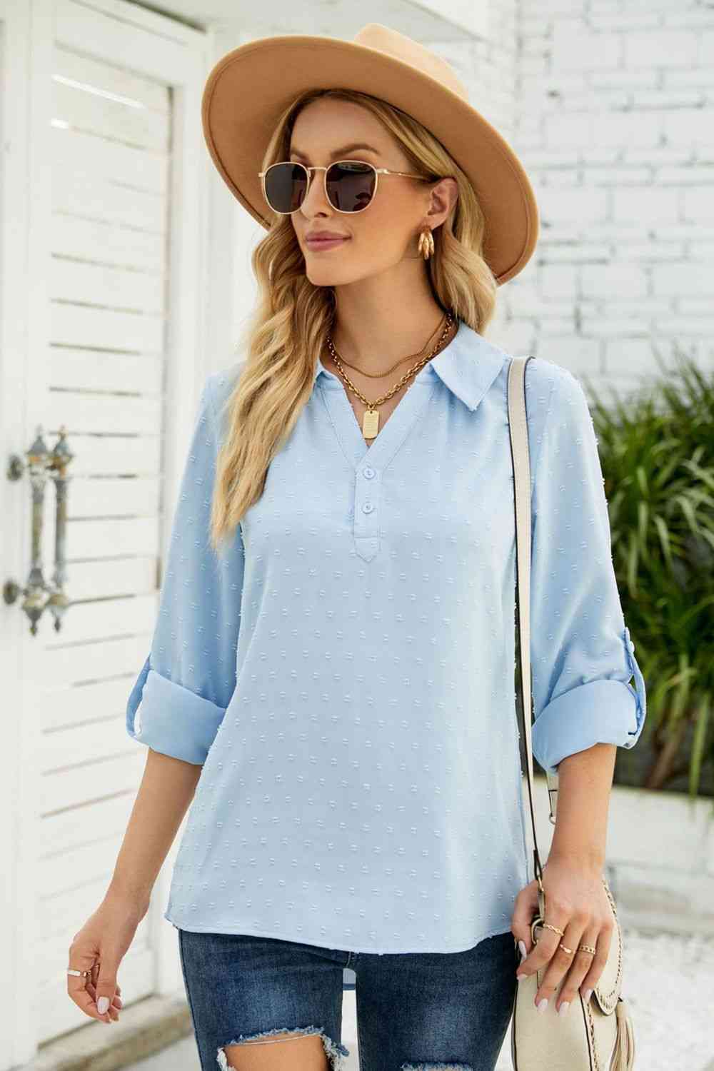 Swiss Dot Johnny Collar Blouse - Ladyez
