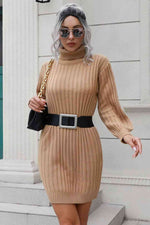 Ribbed Turtle Neck Long Sleeve Mini Sweater Dress - Ladyez