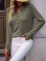 Round Neck Buttoned Long Sleeve T-Shirt - Ladyez