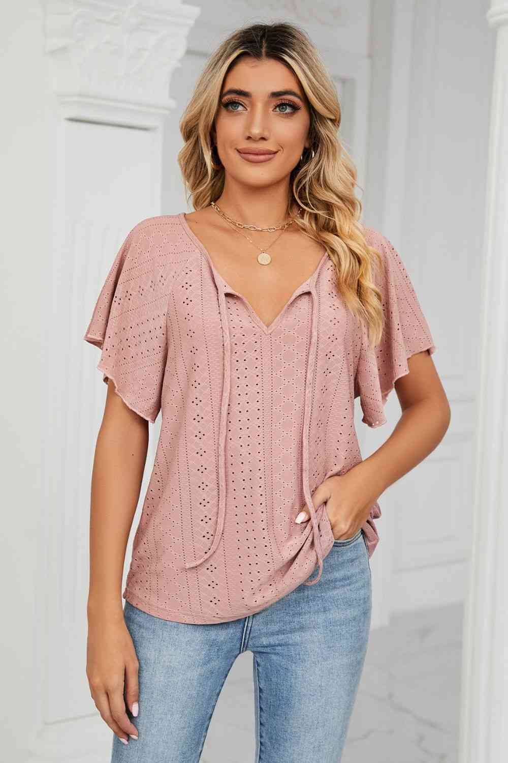 Eyelet Tie-Neck Flutter Sleeve Top - Ladyez