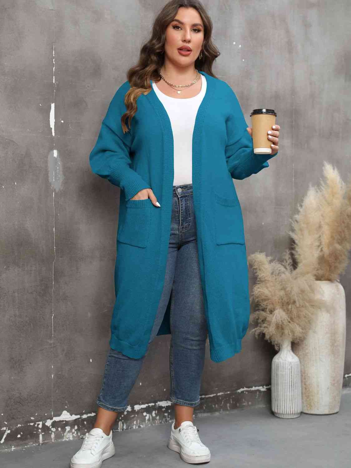 Plus Size Long Sleeve Pocketed Cardigan - Ladyez