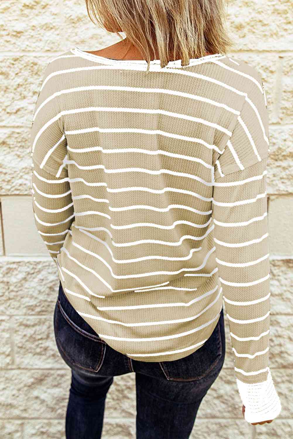 Striped Waffle Knit Henley Long Sleeve Top - Ladyez