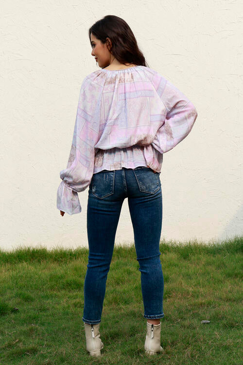 Printed Tie Neck Flounce Sleeve Blouse - Ladyez