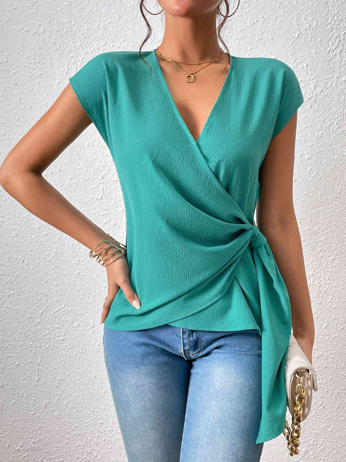 Tied Surplice Neck Short Sleeve Blouse - Ladyez