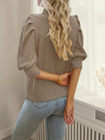 Texture Ruff Sleeve Mock Neck Blouse - Ladyez