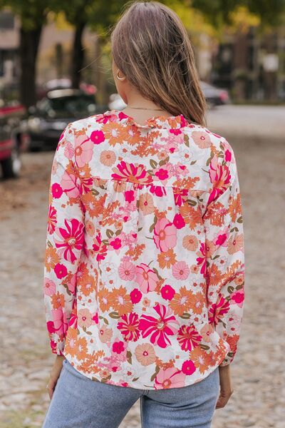 Floral V-Neck Frill Long Sleeve Blouse - Ladyez