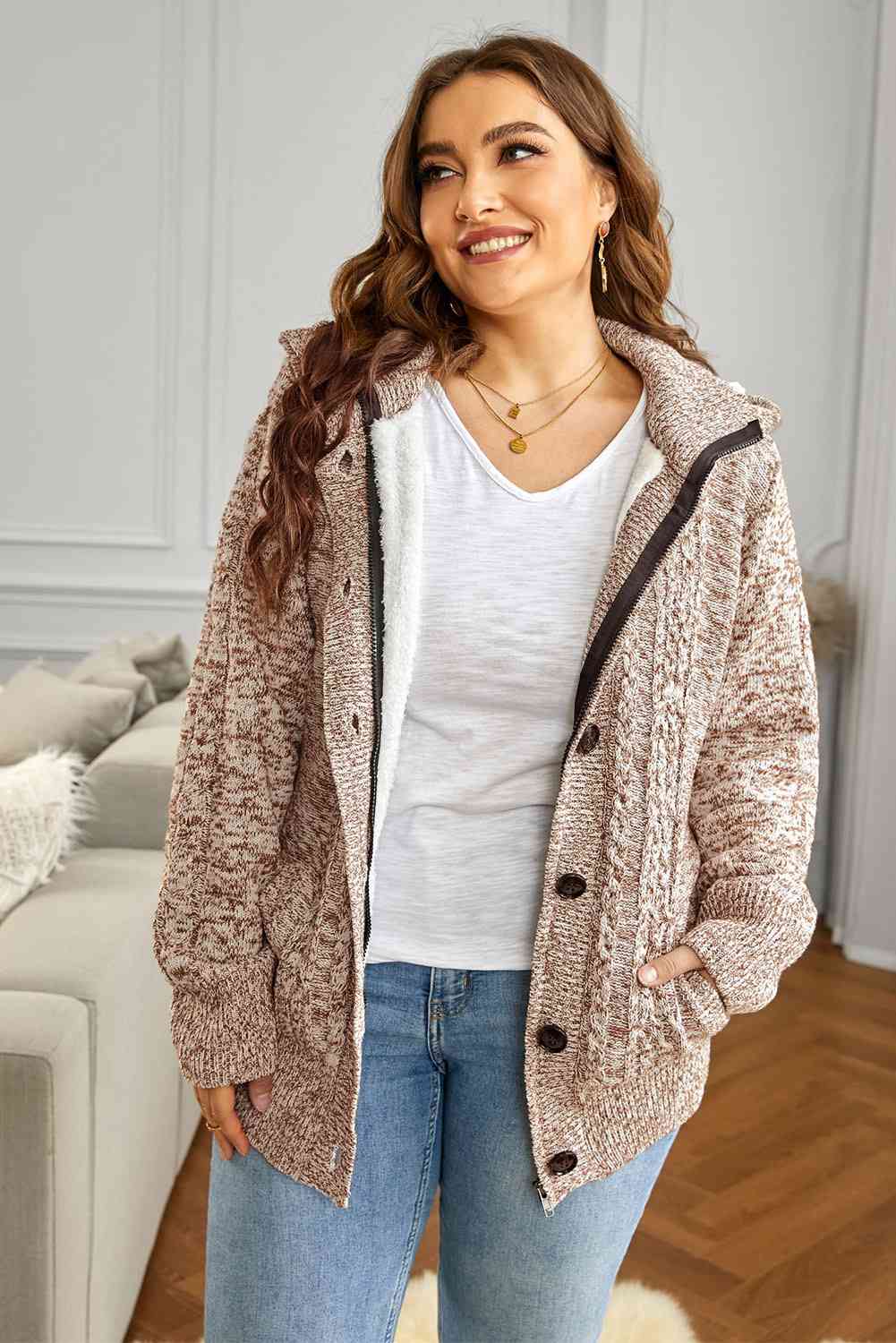 Cable-Knit Fleece Lining Button-Up Hooded Cardigan - Ladyez