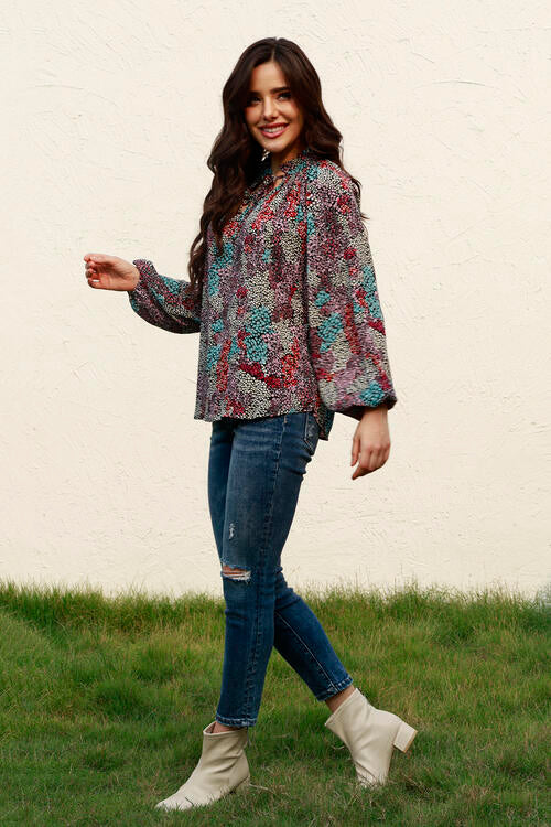 Tie Neck Heathered Balloon Sleeve Blouse - Ladyez
