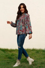 Tie Neck Heathered Balloon Sleeve Blouse - Ladyez
