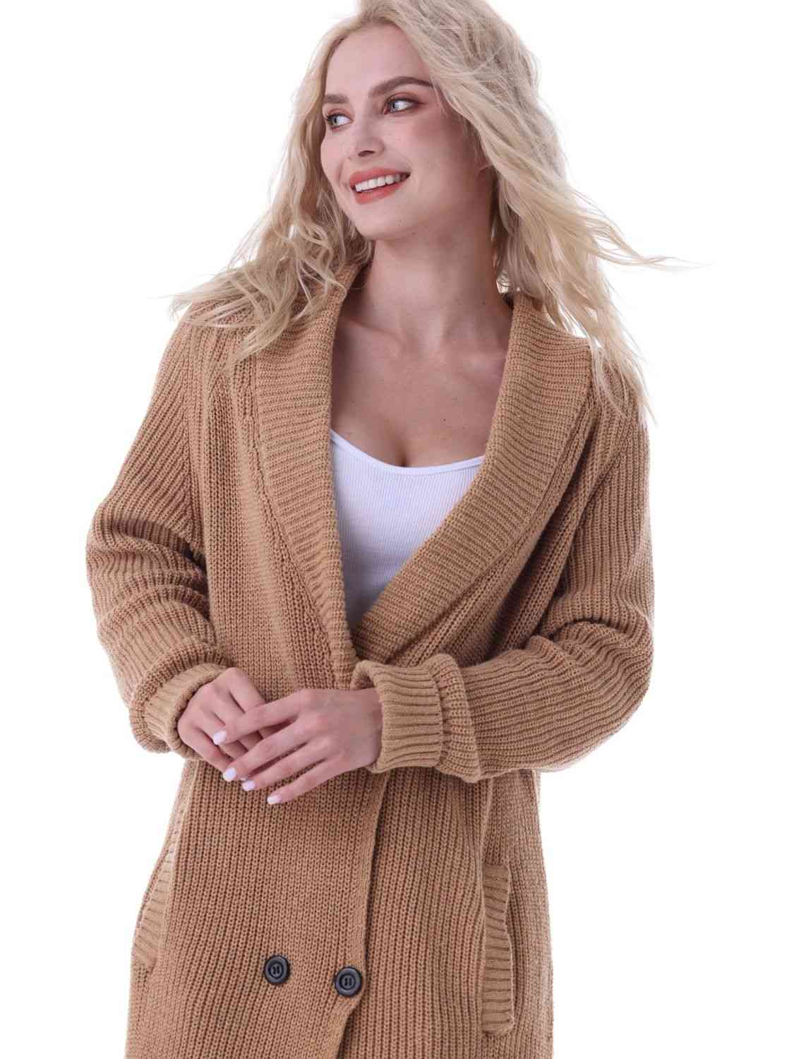 Double-Breasted Longline Cardigan with Pockets - Ladyez
