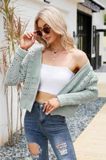 Open Front Cuffed Cropped Cardigan - Ladyez