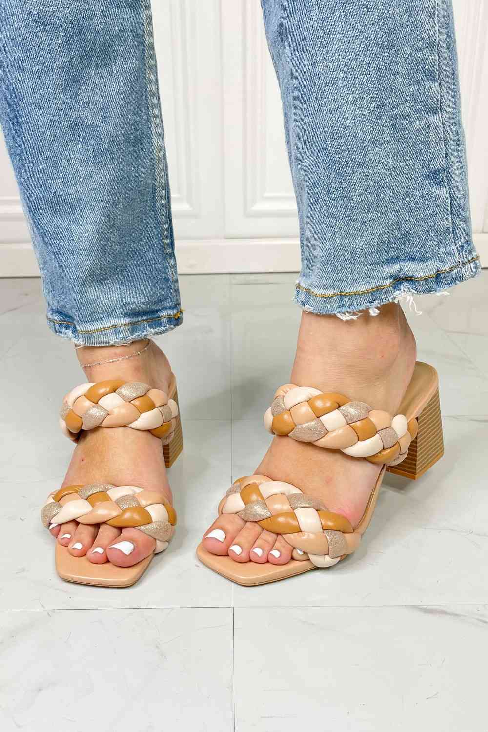 SODA Interwoven Ideas Braided Strap Block Heel Slide Sandal in Nude - Ladyez