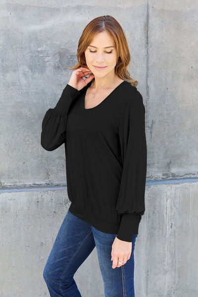 Basic Bae Full Size V-Neck Lantern Sleeve Blouse - Ladyez