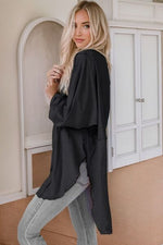Contrast Texture Round Neck Long Sleeve Blouse - Ladyez