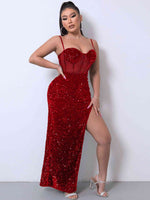 Sequin Spliced Mesh Adjustable Strap Dress - Ladyez