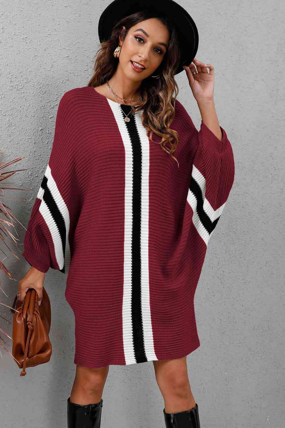 Ribbed Round Neck Long Sleeve Sweater Dress - Ladyez