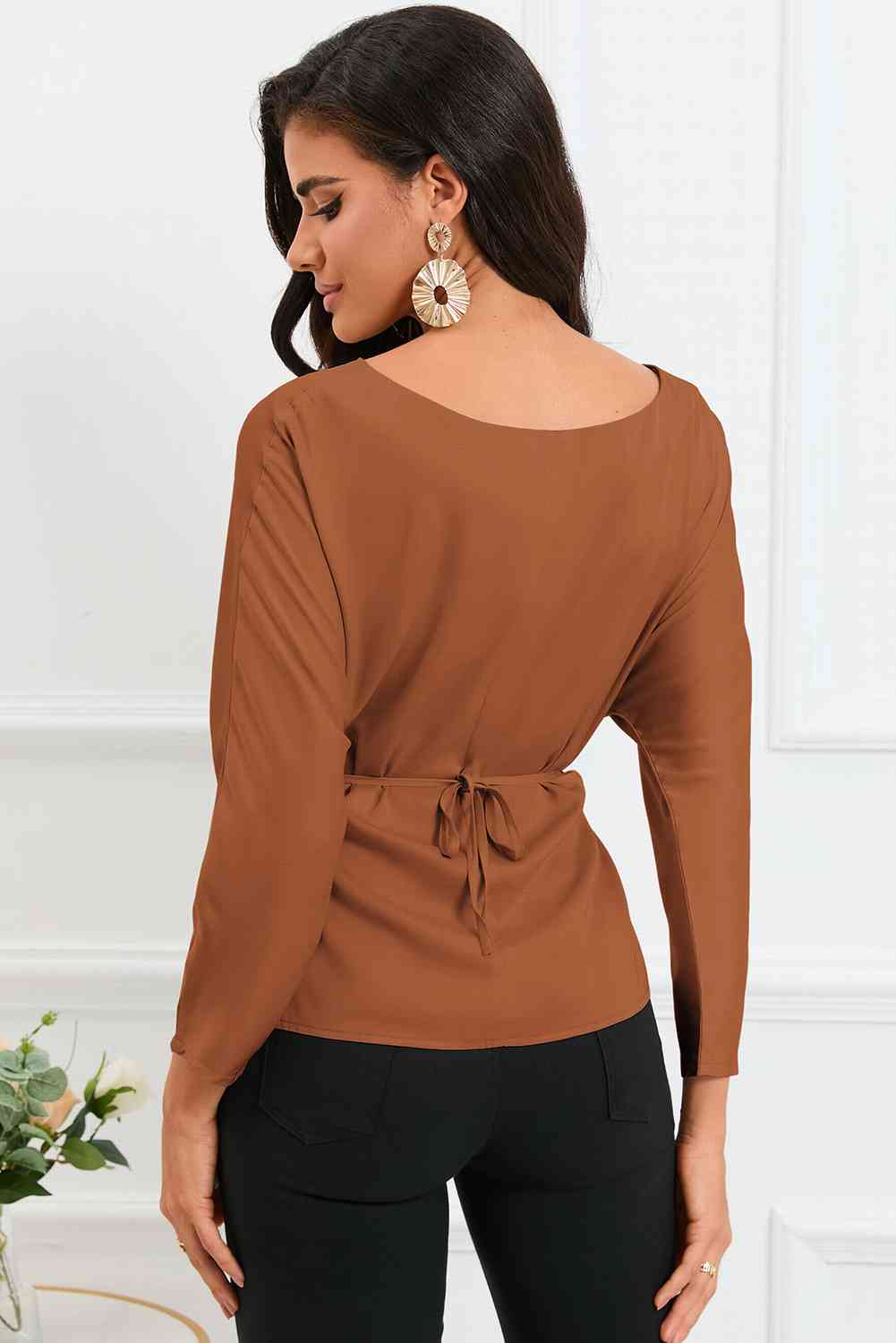 Boat Neck Back Tie Long Sleeve Satin Blouse - Ladyez