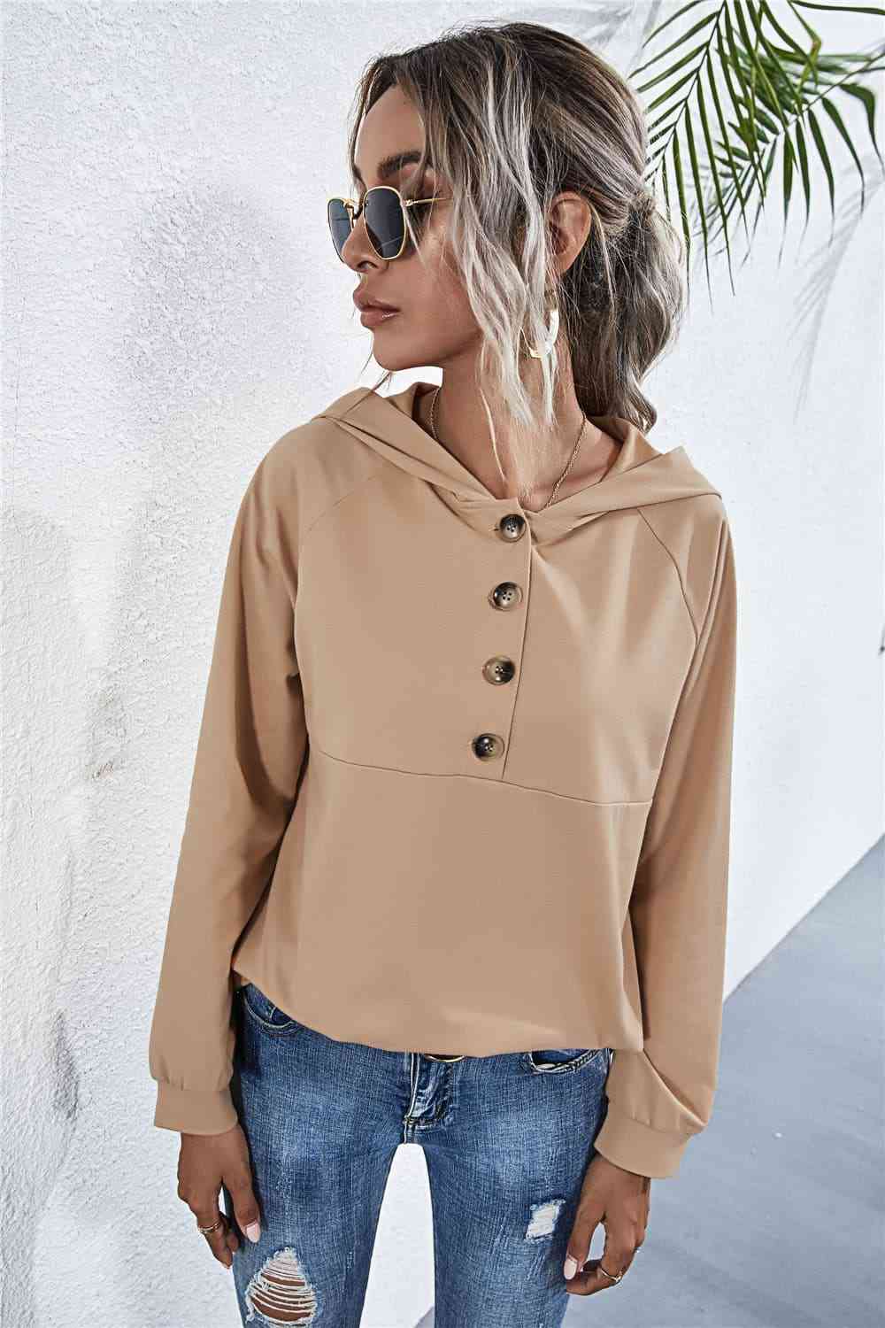 Buttoned Raglan Sleeve Hooded Blouse - Ladyez