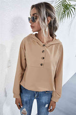 Buttoned Raglan Sleeve Hooded Blouse - Ladyez