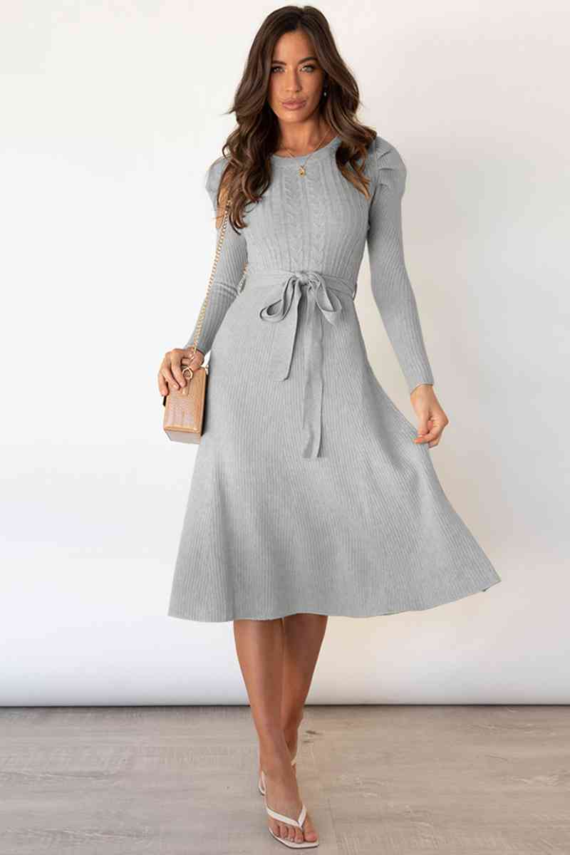 Round Neck Long Sleeve Tie Waist Sweater Dress - Ladyez