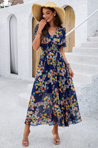 Smocked Floral V-Neck Short Sleeve Dress - Ladyez