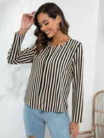 Striped Long Sleeve Notched Blouse - Ladyez