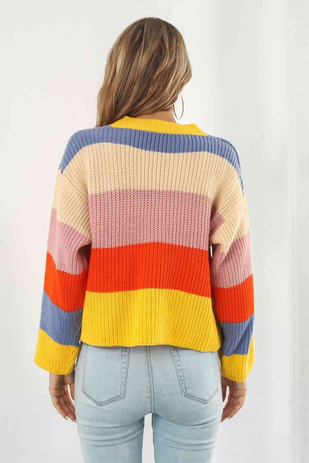 Color Block Button-Down Dropped Shoulder Cardigan - Ladyez