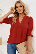 Smocked Flounce Sleeve Notched Neck Blouse - Ladyez