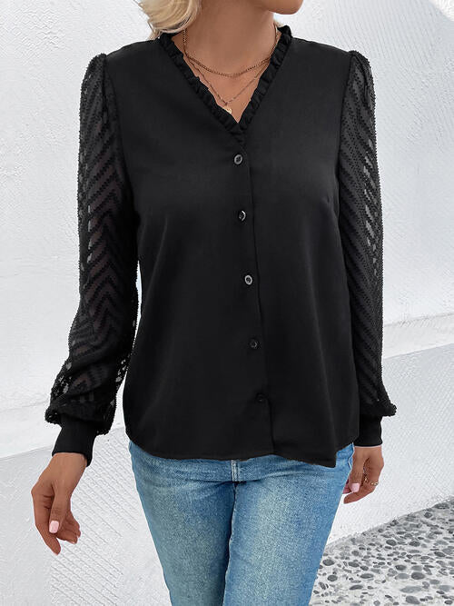 Mesh V-Neck Button Front Blouse - Ladyez