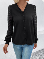 Mesh V-Neck Button Front Blouse - Ladyez