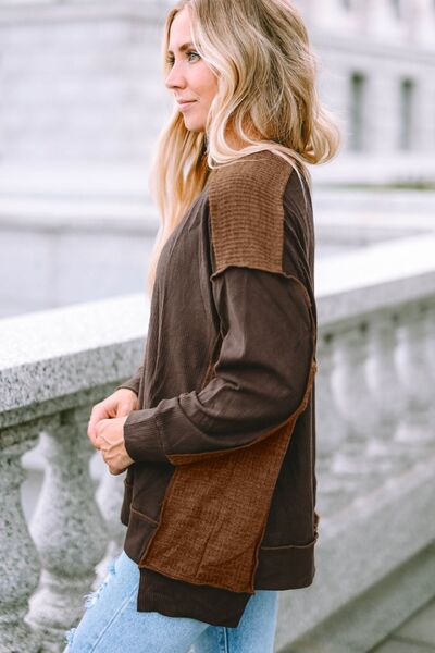 Ribbed Exposed Seam Dropped Shoulder Blouse - Ladyez