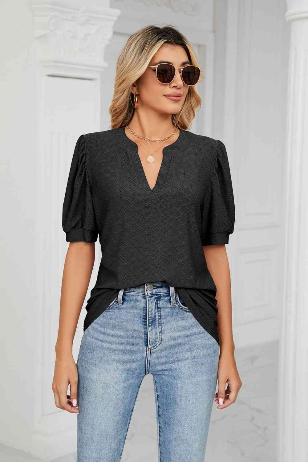 Eyelet Short Puff Sleeve Notched Neck Top - Ladyez