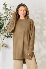 Basic Bae Full Size Ribbed Round Neck Long Sleeve Slit Top - Ladyez