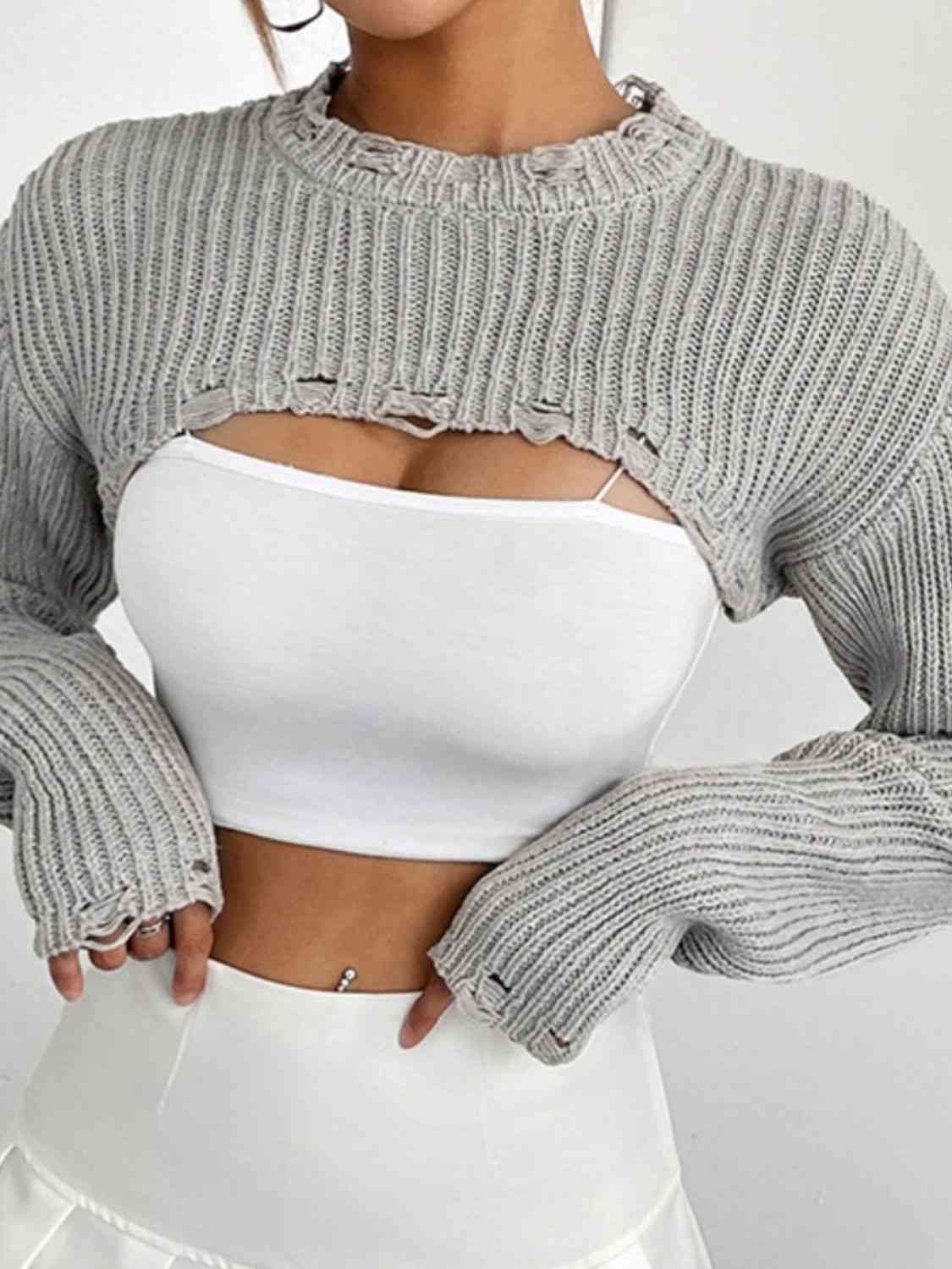 Distressed Long Sleeve Cropped Sweater - Ladyez