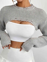 Distressed Long Sleeve Cropped Sweater - Ladyez