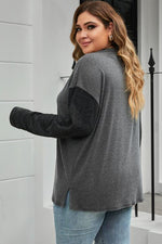 Plus Size Round Neck Long Sleeve Buttoned Blouse - Ladyez