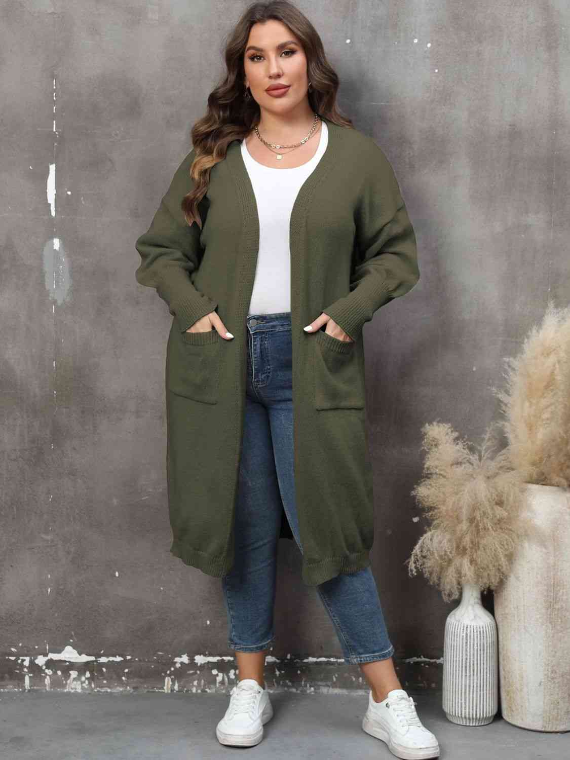 Plus Size Long Sleeve Pocketed Cardigan - Ladyez