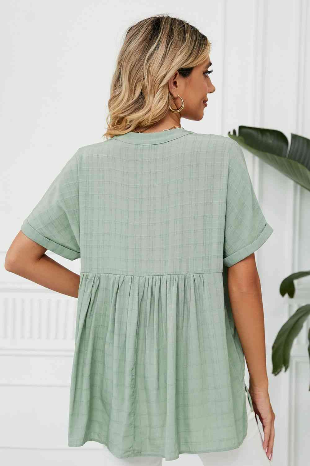 Side Slit Notched Neck Cuffed Short Sleeve Blouse - Ladyez