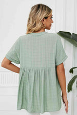 Side Slit Notched Neck Cuffed Short Sleeve Blouse - Ladyez