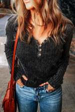 Ribbed Buttoned V-Neck Long Sleeve Top - Ladyez