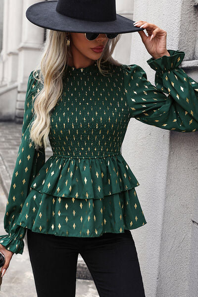 Smocked Flounce Sleeve Layered Blouse - Ladyez