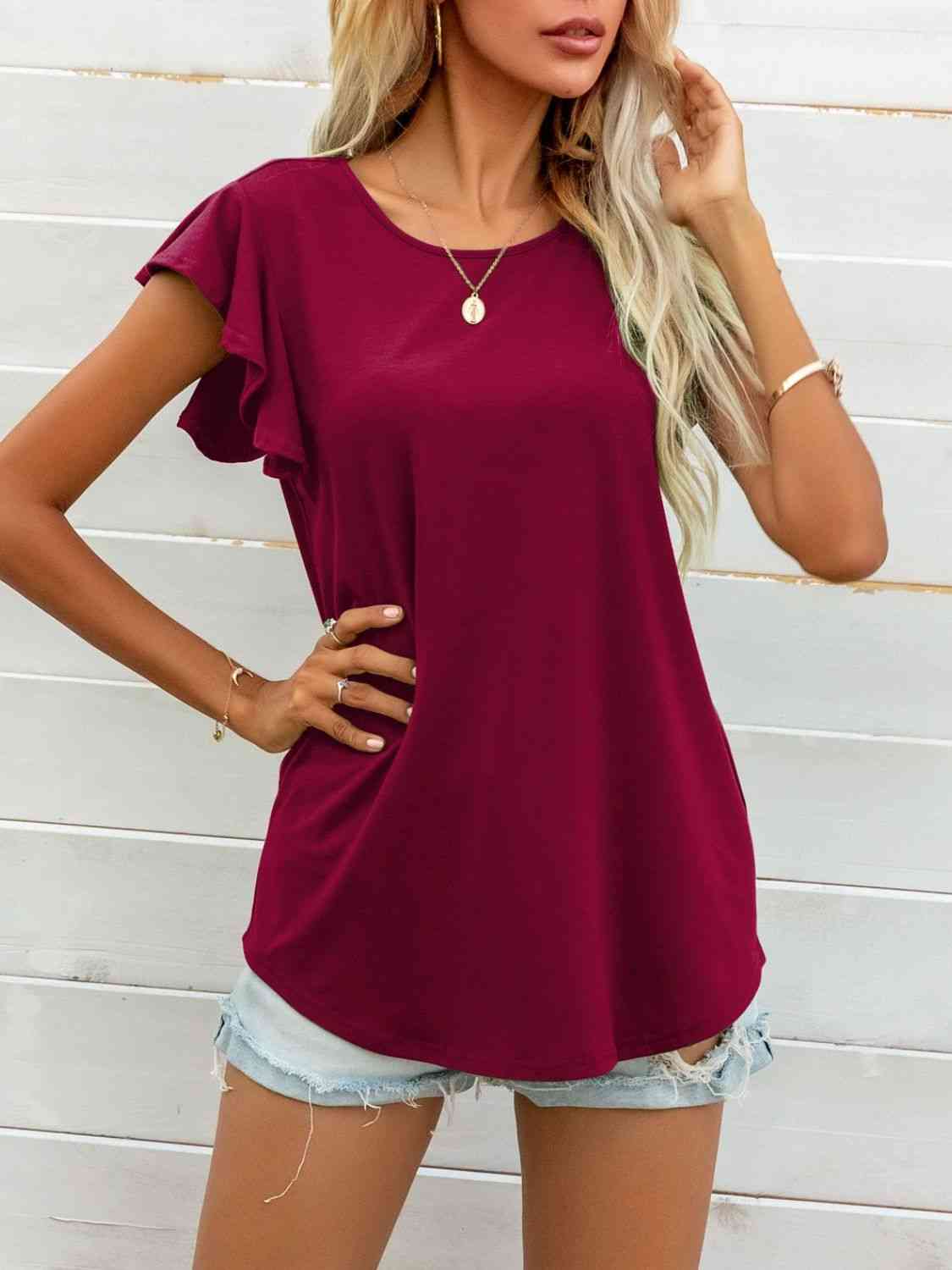 Round Neck Butterfly Sleeve Top - Ladyez