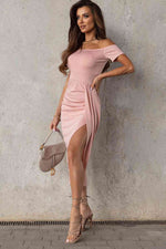 Off-Shoulder Short Sleeve Split Dress - Ladyez