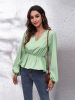 V-Neck Balloon Sleeve Peplum Blouse - Ladyez
