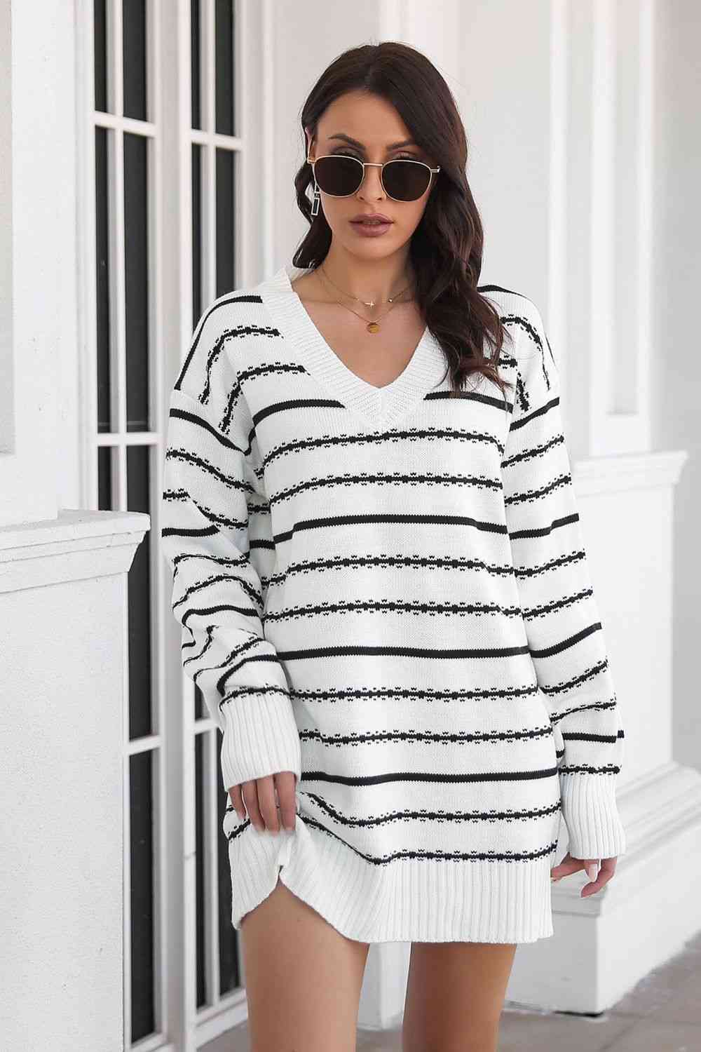 Striped V-Neck Sweater Dress - Ladyez