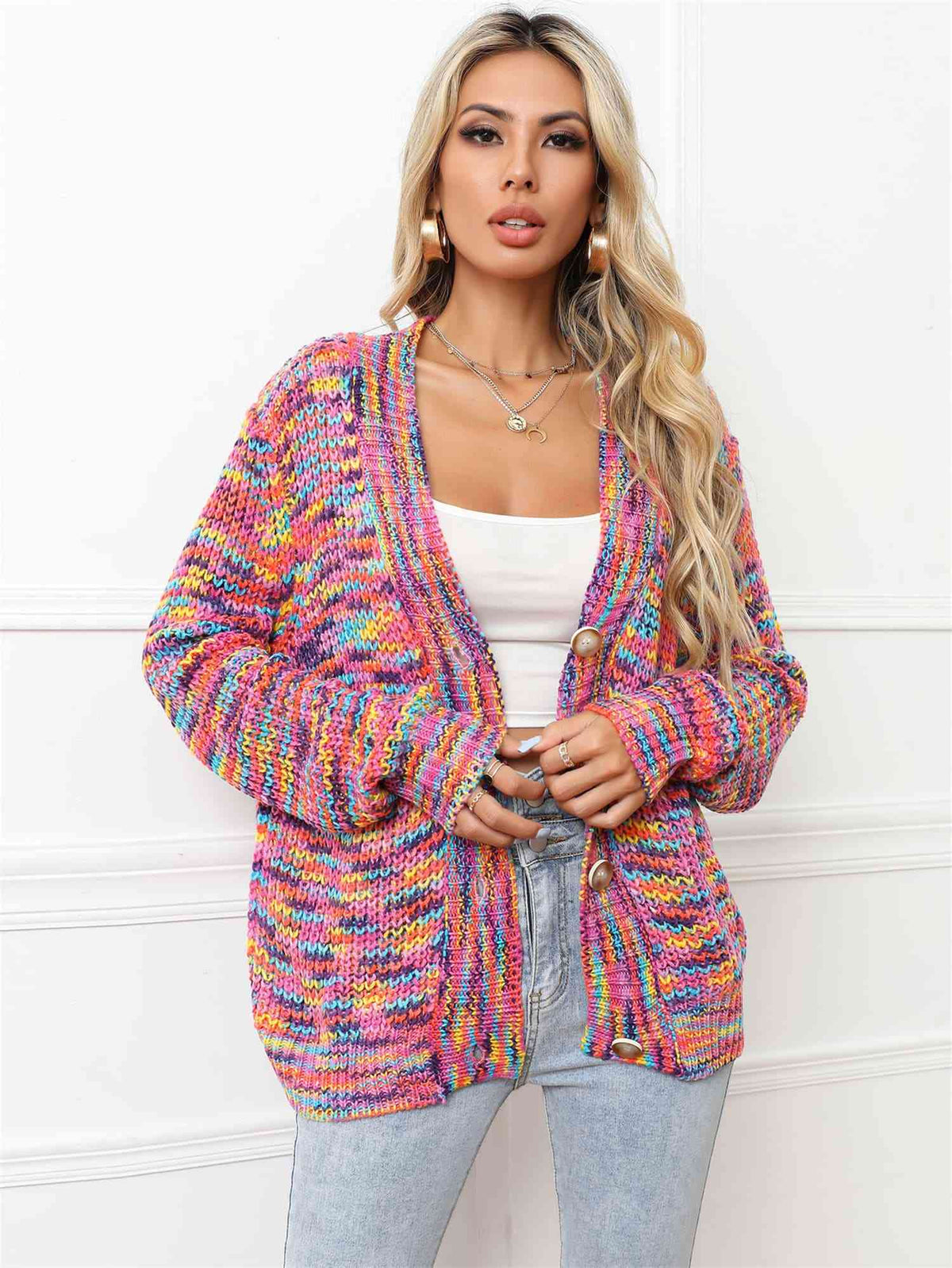 V-Neck Long Sleeve Cardigan - Ladyez