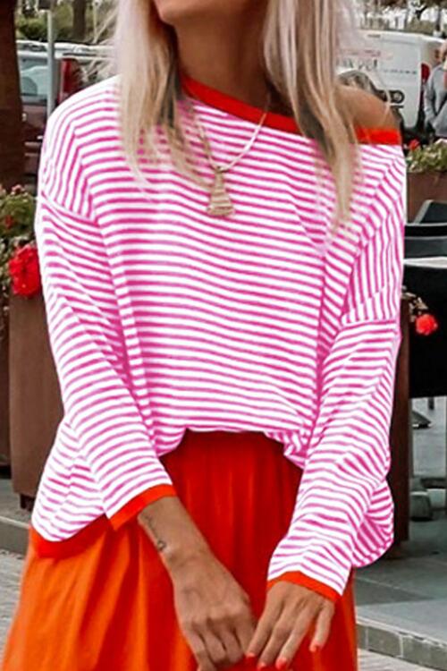 Striped Round Neck Drop Shoulder T-Shirt - Ladyez