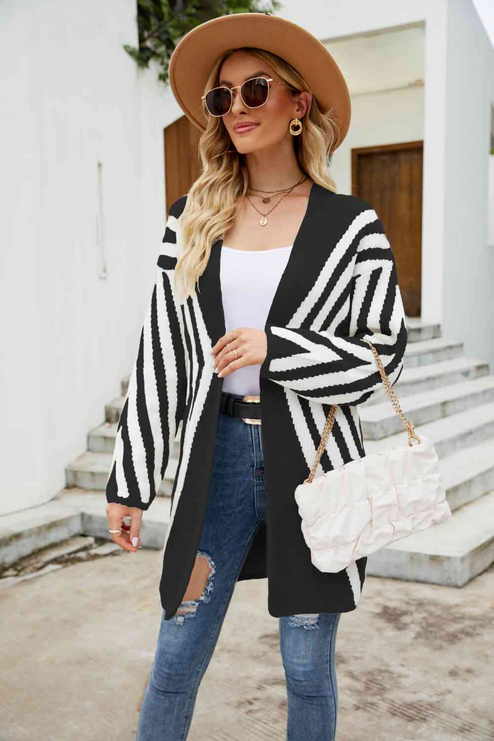 Woven Right Two-Tone Open Front Fuzzy Longline Cardigan - Ladyez
