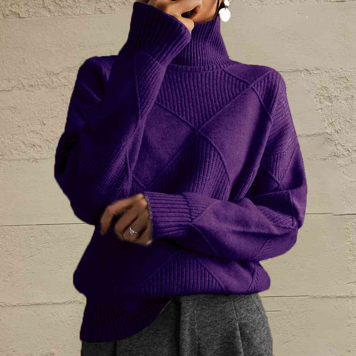 Geometric Turtleneck Long Sleeve Sweater - Ladyez