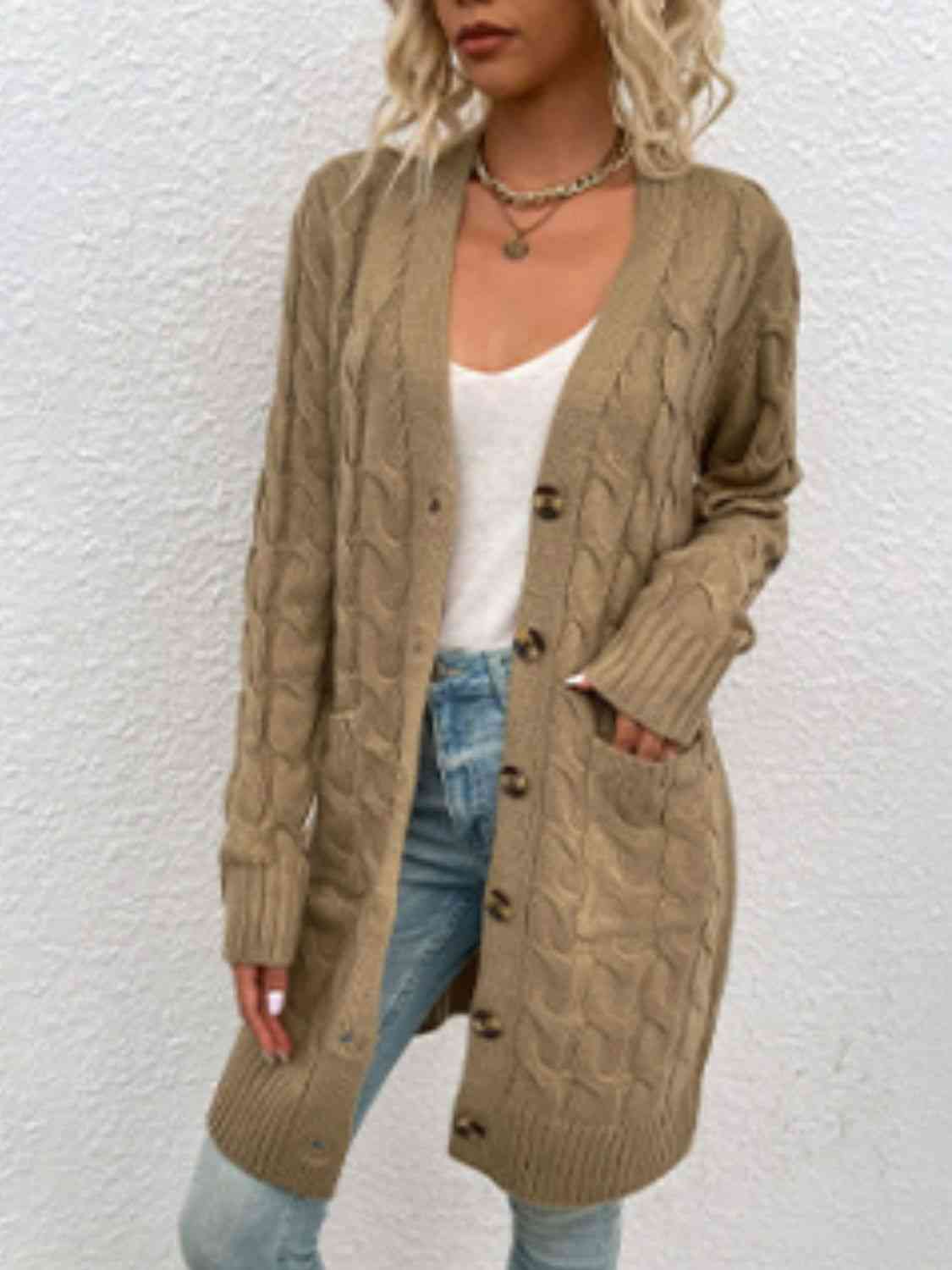 Cable-Knit Button Down Cardigan with Pockets - Ladyez